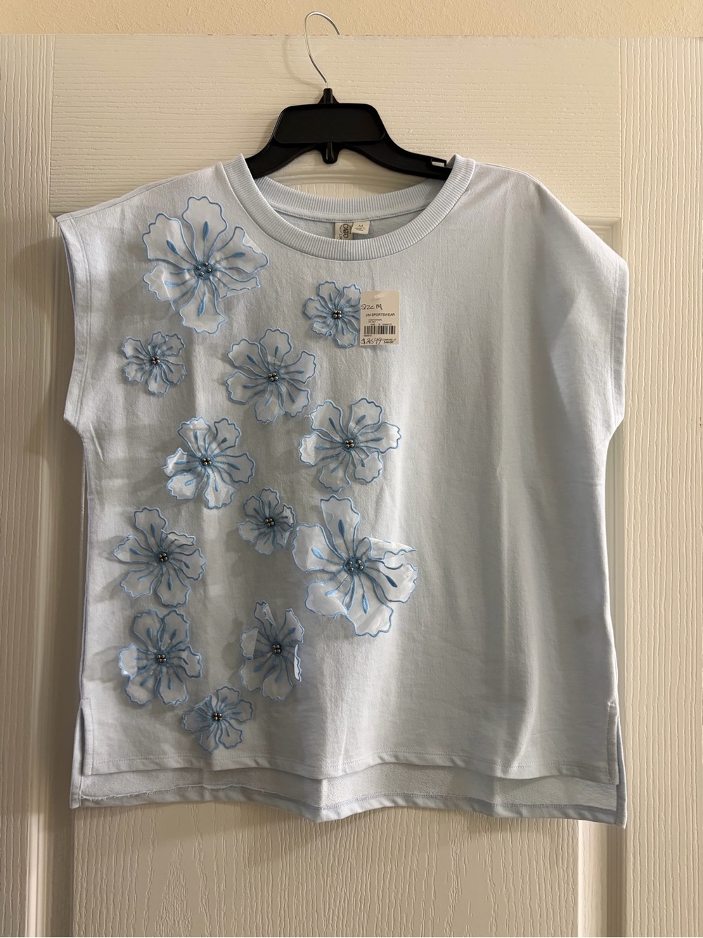 J/M Sportswear Blue Floral Appliqué Top Beaded 3D Flower Tee Size M